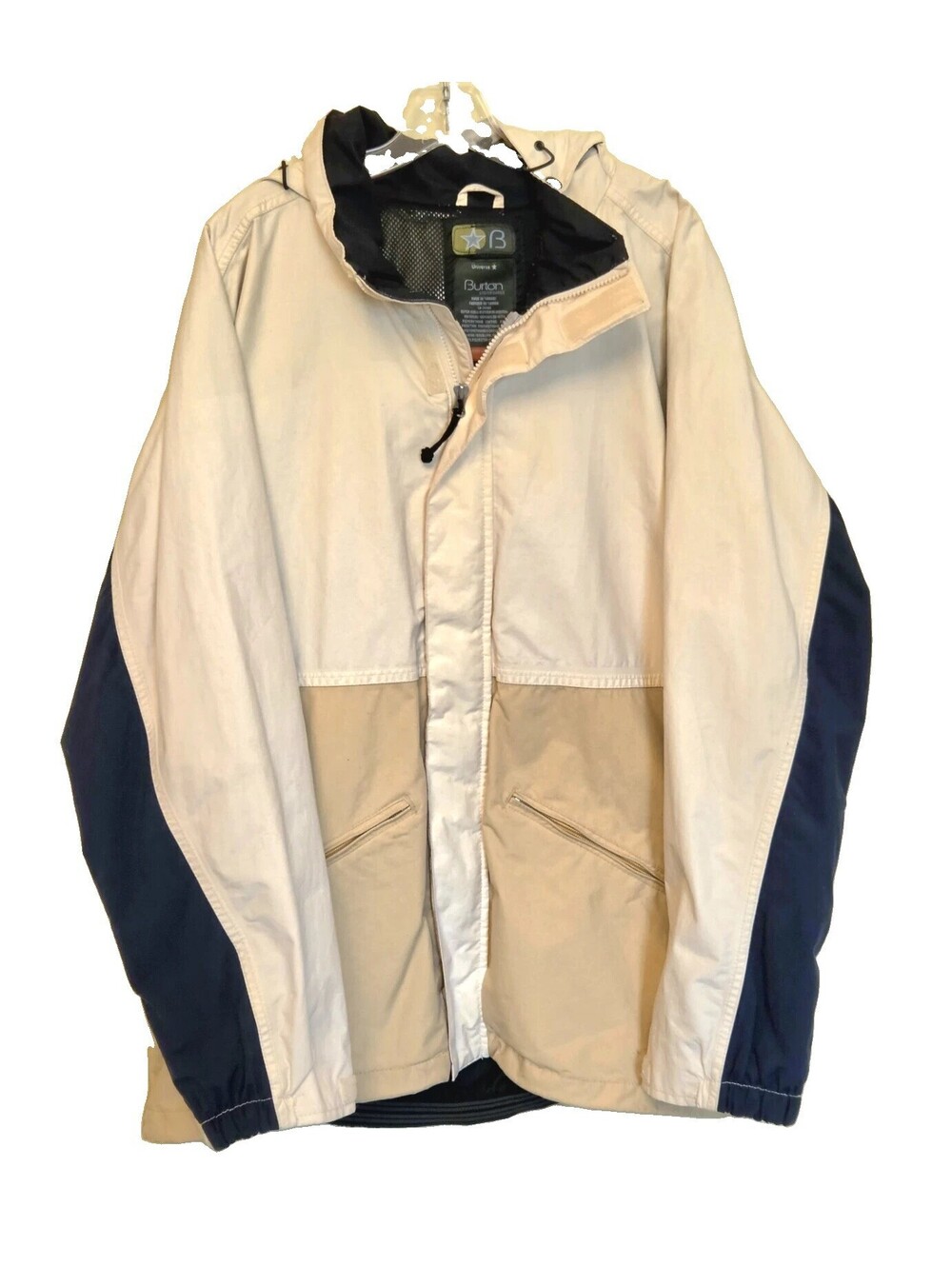 Vtg Burton Universe Mens Snowboard Hooded Jacket Size L Beige Navy Y2K Ski Shell